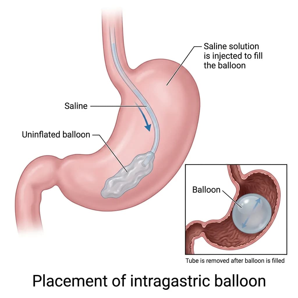 Medical illustration of intragastric balloon placement