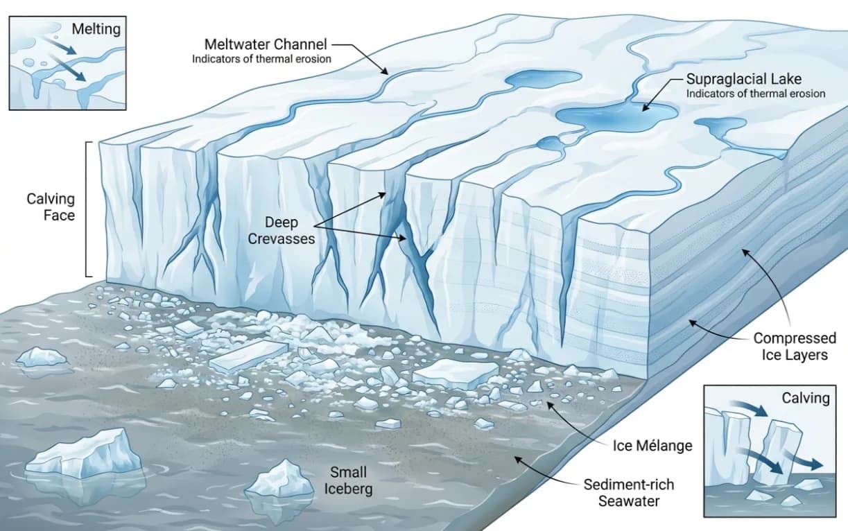 Glacier thermal erosion and iceberg calving diagram