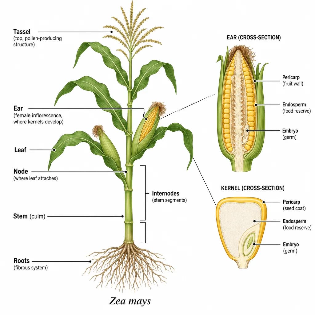 Botanical infographic of a corn plant