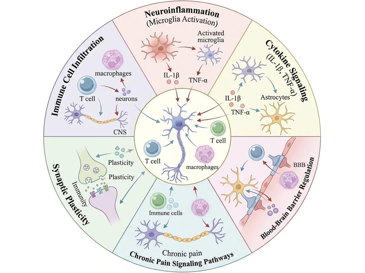 Neuroinflammation and immune signaling pathway diagram