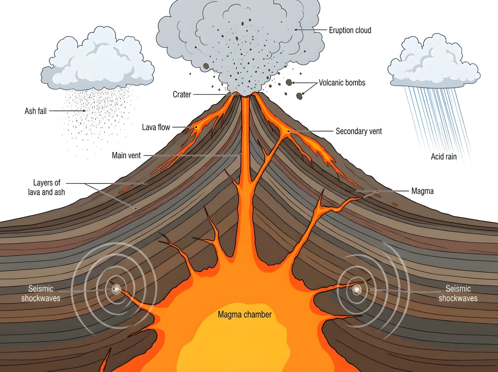 Cross-section diagram of an erupting volcano