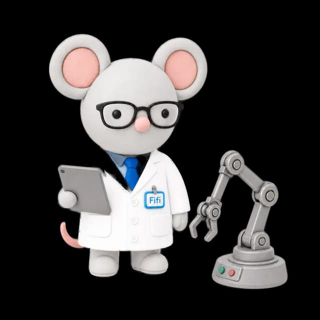 Fifi mascot as an engineer with a tablet and robotic arm