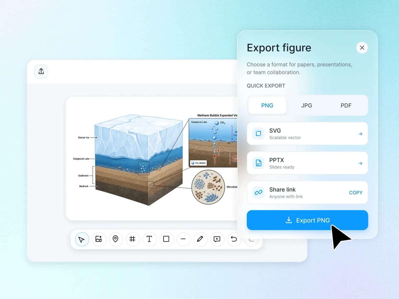 Export as editable PPTX, SVG, high-resolution PNG or JPG
