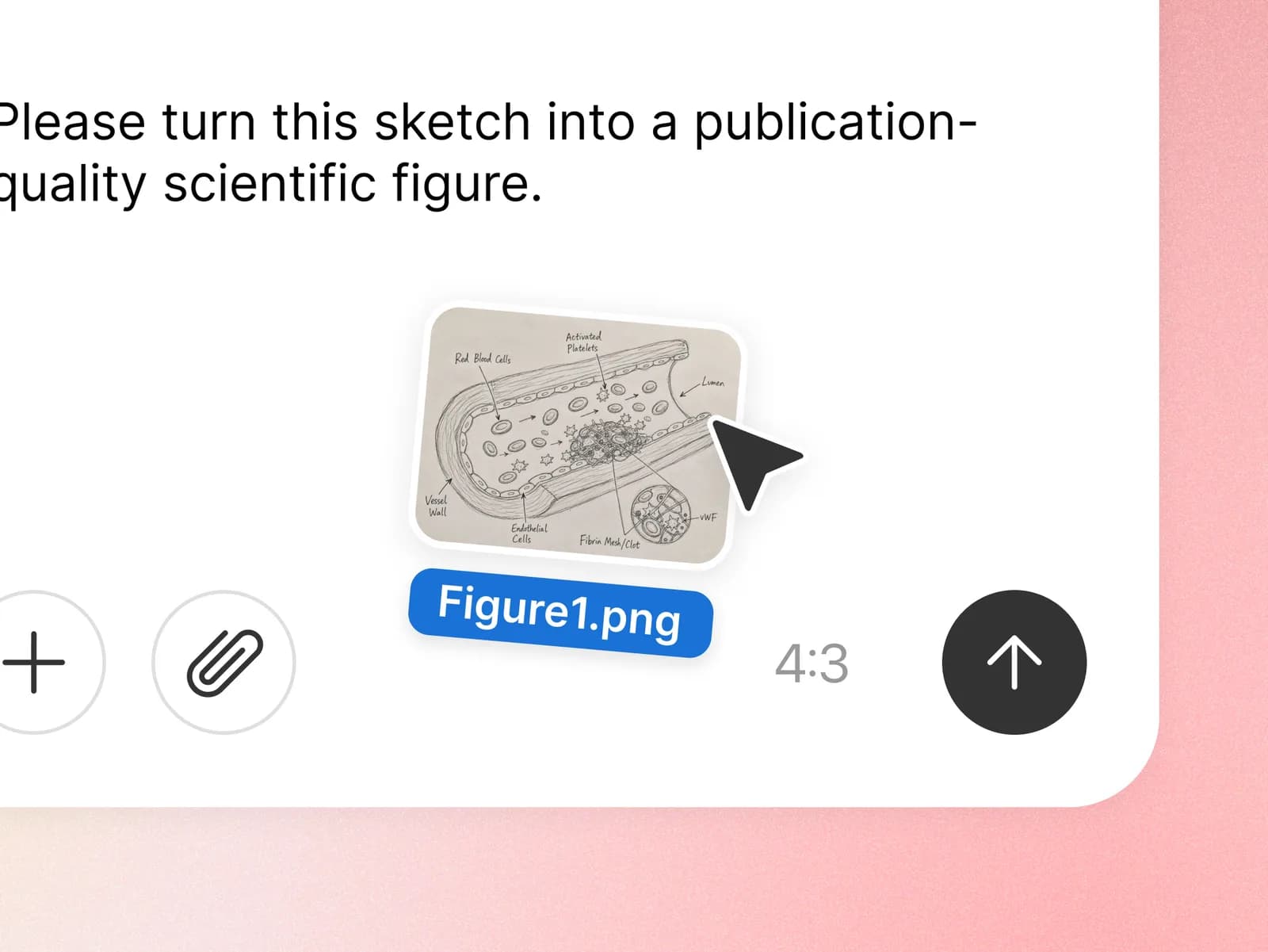 Prompt asking to turn a vessel-clot sketch into a publication figure, with Figure1.png attached