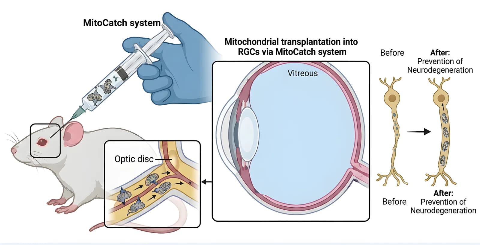 MitoCatch system delivering mitochondria into retinal ganglion cells in a mouse eye to prevent neurodegeneration