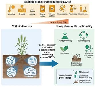 Infographic showing multiple global change factors, soil biodiversity, and ecosystem multifunctionality in wheat systems